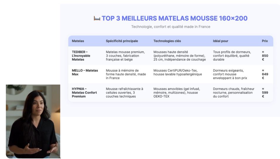 tableau final top 3 matelas mousse 160x200