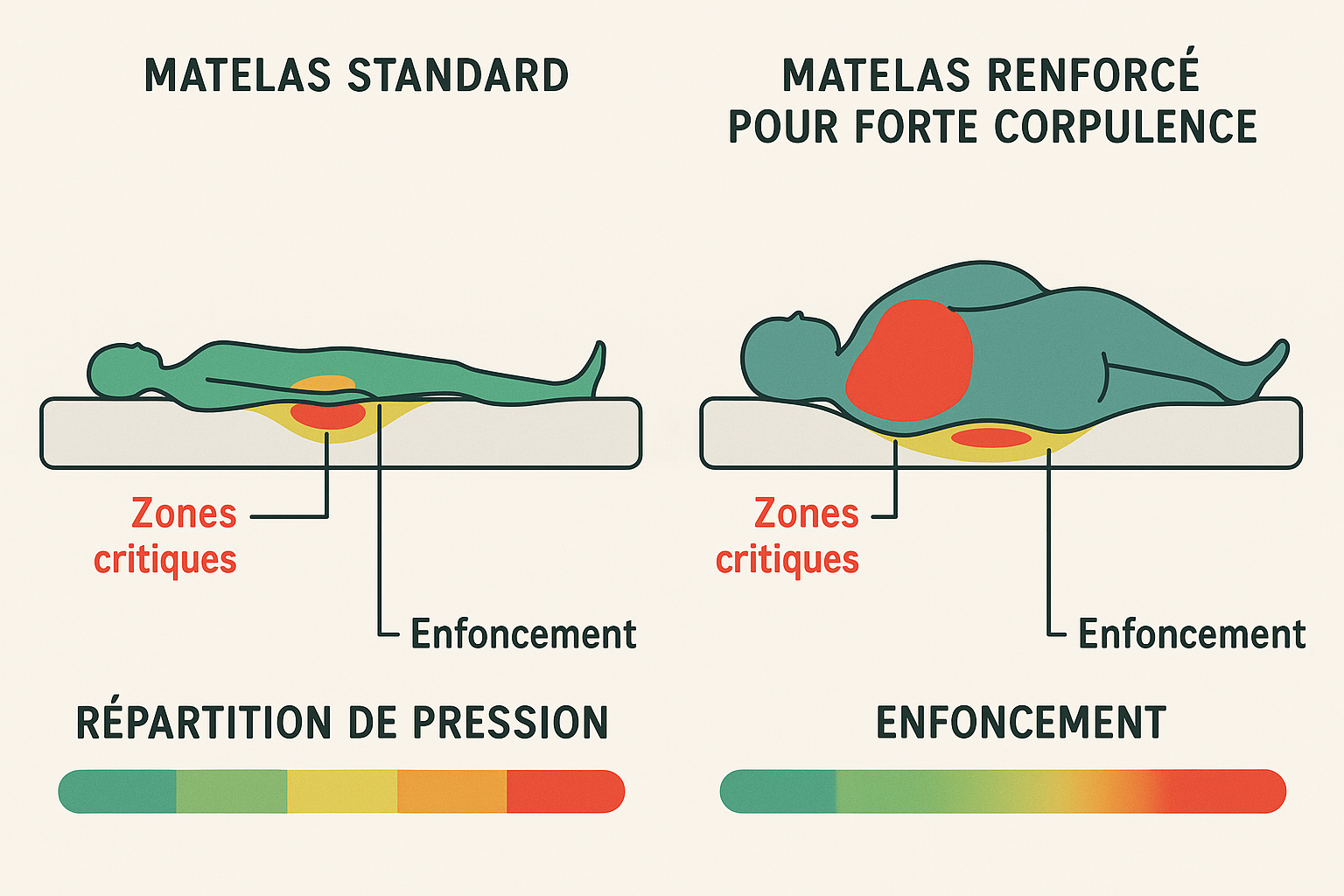Comparaison de la répartition de pression et de l'enfoncement entre matelas standard et renforcé pour forte corpulence avec zones critiques