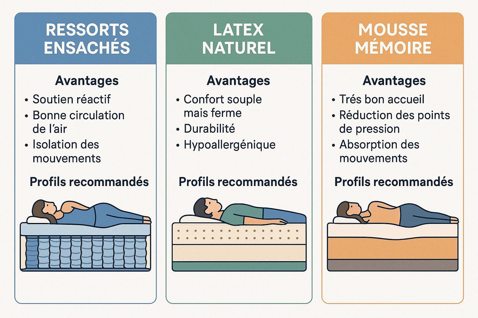 Comparatif visuel des 3 technologies principales : ressorts ensachés, latex naturel et mousse mémoire avec avantages et profils recommandés