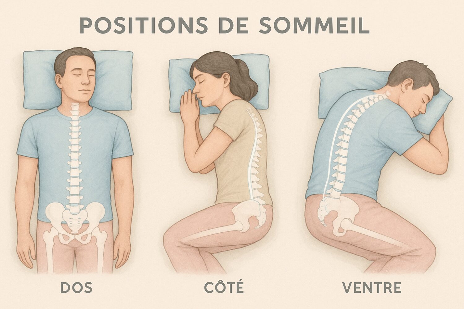 Illustration pédagogique montrant les différentes positions de sommeil (dos, côté, ventre) avec placement correct des oreillers et alignement de la colonne vertébrale, style médical éducatif