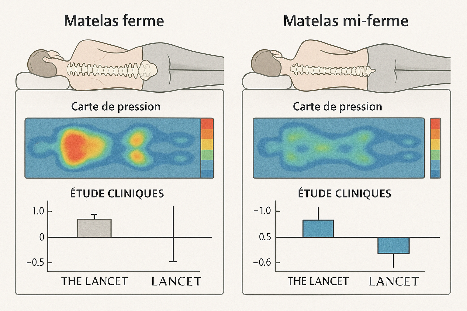 Illustration scientifique comparant l'alignement de la colonne vertébrale entre matelas ferme et mi-ferme avec cartes de pression thermiques et graphiques d'études cliniques du Lancet