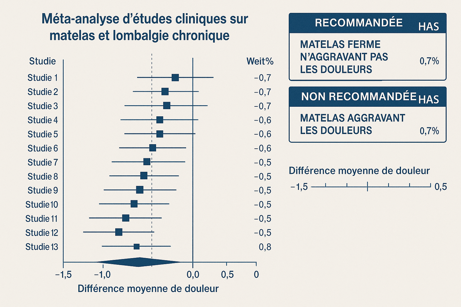 Méta-analyse de 15 études cliniques sur les matelas et lombalgie chronique, forest plot avec intervalles de confiance et recommandations HAS