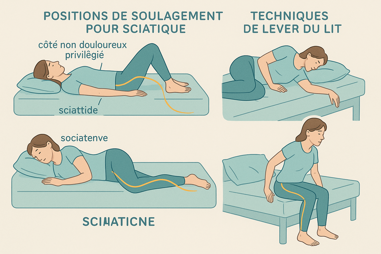 Positions de soulagement pour sciatique avec fléchissement genoux, côté non douloureux et techniques de lever du lit