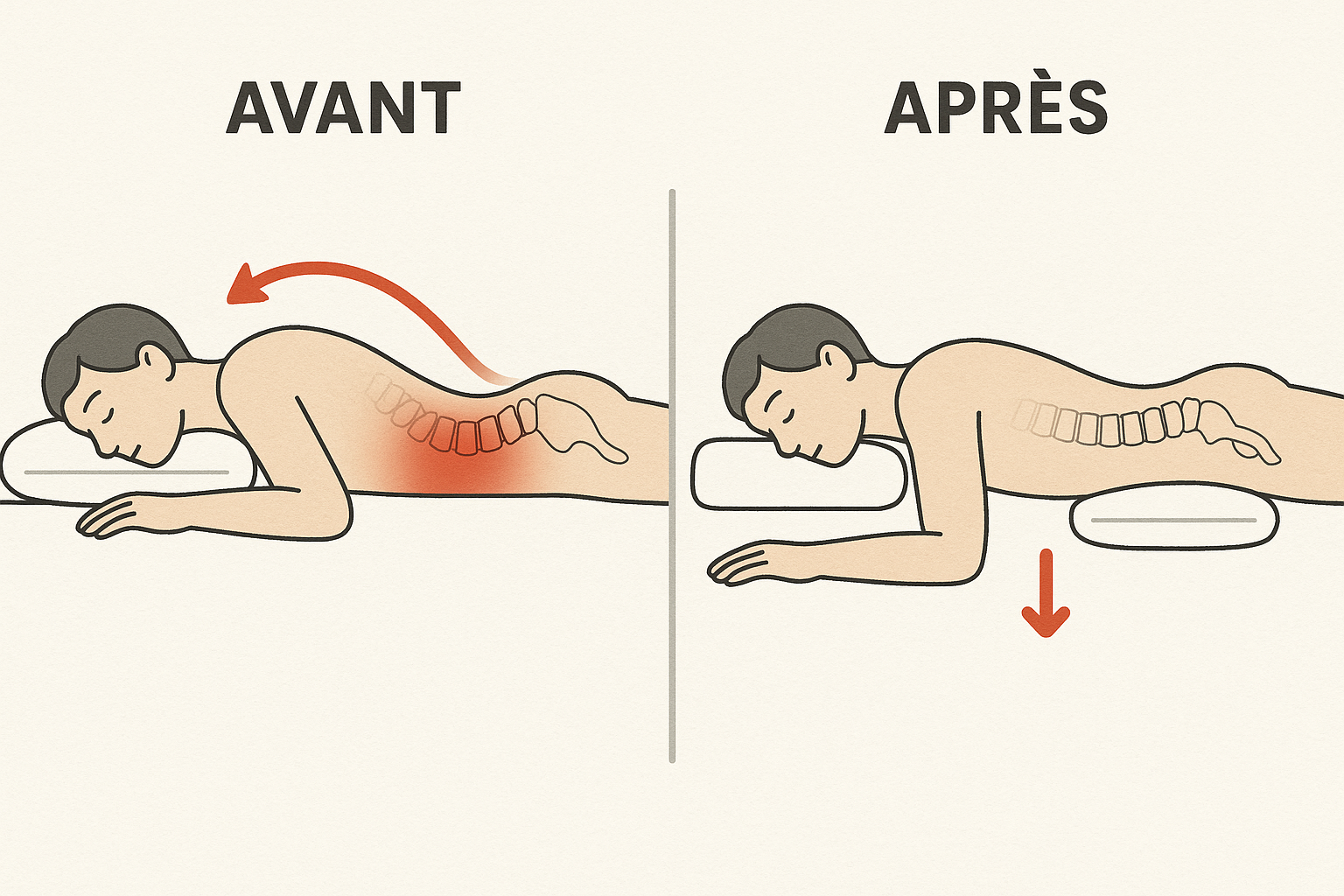 Problématique position ventrale avec accentuation lordose lombaire, cambrure excessive et solutions de placement oreiller sous bassin