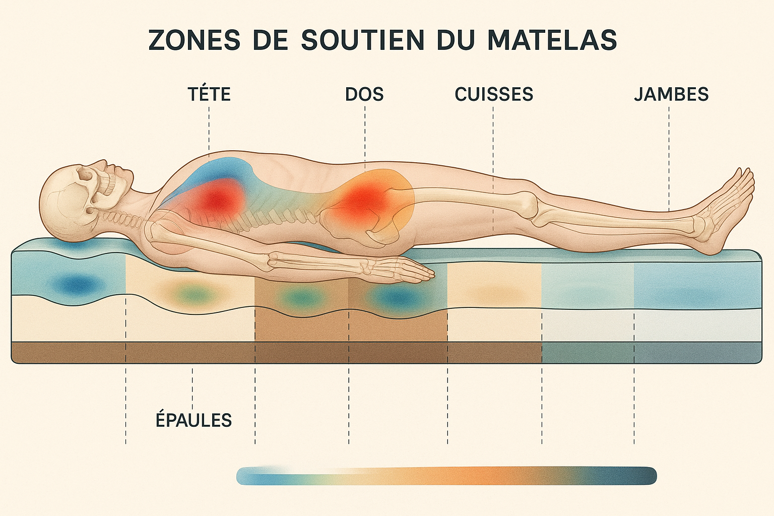 Schéma anatomique montrant les 7 zones de soutien d'un matelas avec correspondance corps humain, zones de pression et densités optimales