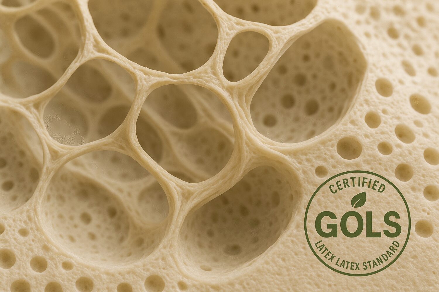 Structure cellulaire du latex naturel au microscope avec canaux d'aération, élasticité et certification GOLS écologique