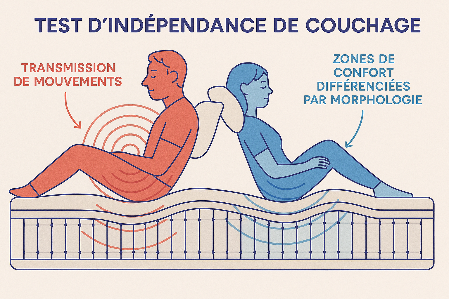 Test d'indépendance de couchage avec couple sur matelas, transmission mouvements et zones de confort différenciées par morphologie