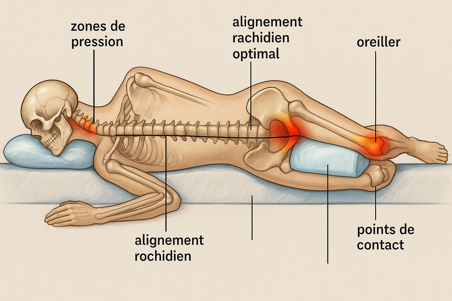Vue anatomique position latérale avec zones de pression épaule-hanche, placement oreiller entre genoux et alignement rachidien