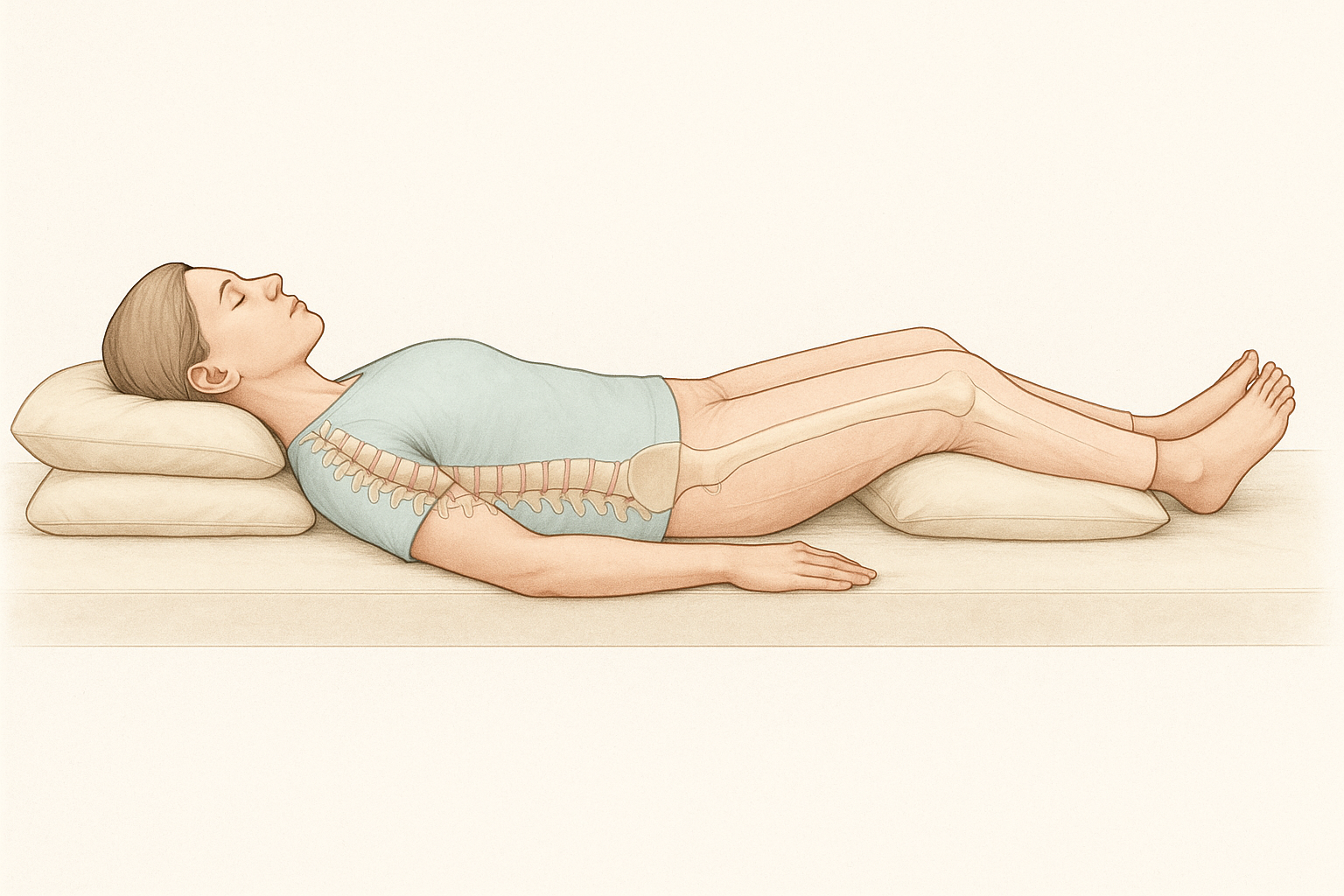 Vue de profil anatomique d'une personne dormant sur le dos avec alignement optimal de la colonne vertébrale et placement oreiller sous genoux