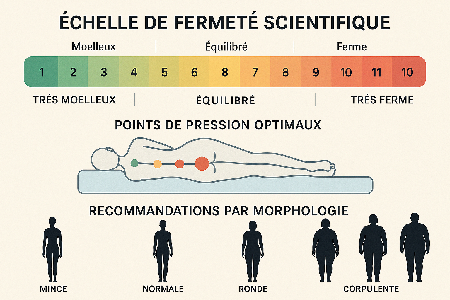 Échelle de fermeté scientifique de 1 à 10 avec correspondances Test-Achats, points de pression optimaux et recommandations par morphologie