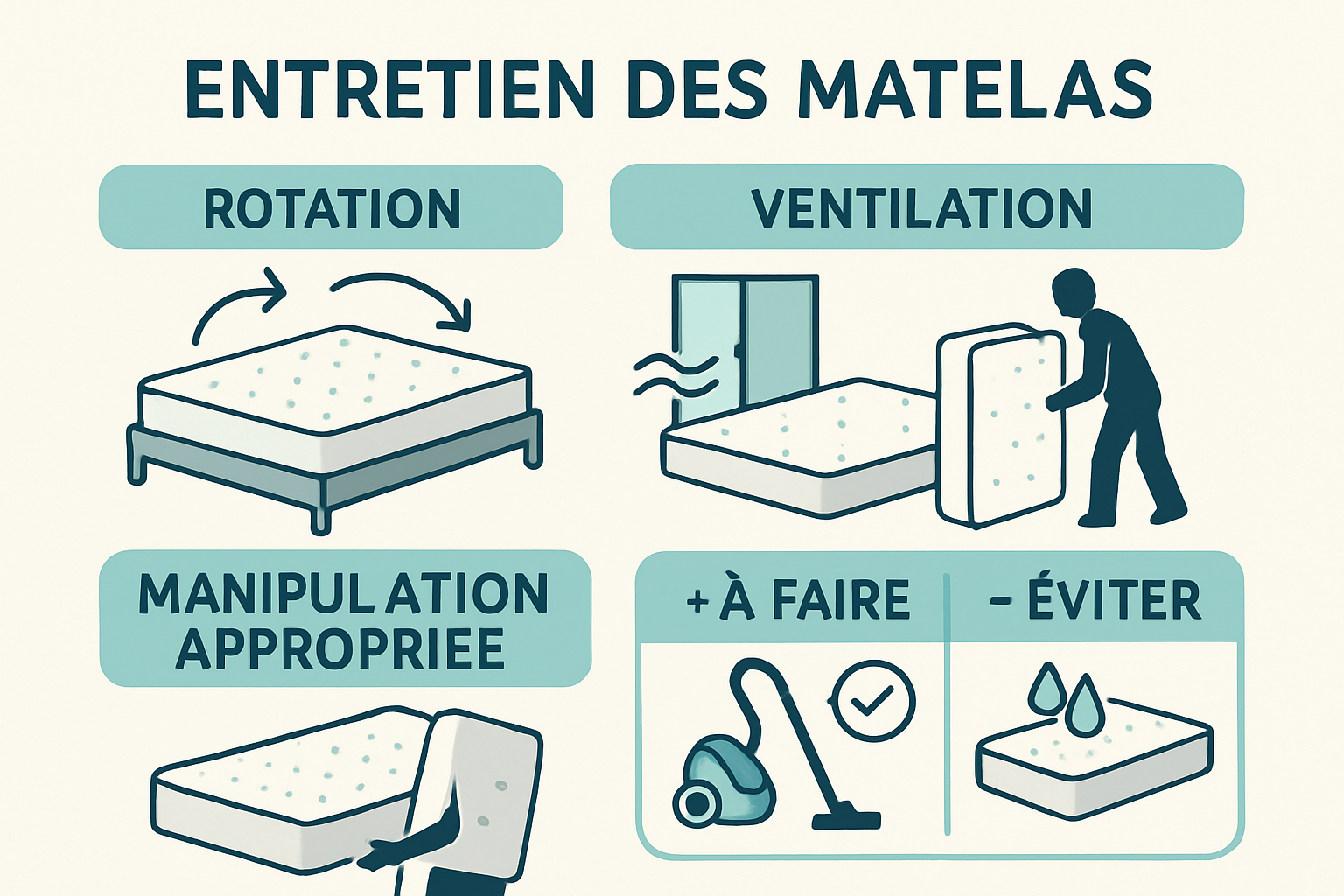 Infographie étape par étape sur l'entretien des matelas montrant la rotation, la ventilation, la manipulation appropriée, les choses à faire et à ne pas faire avec des icônes claires, une conception pédagogique moderne, un style vectoriel propre, des étiquettes françaises, un style manuel professionnel