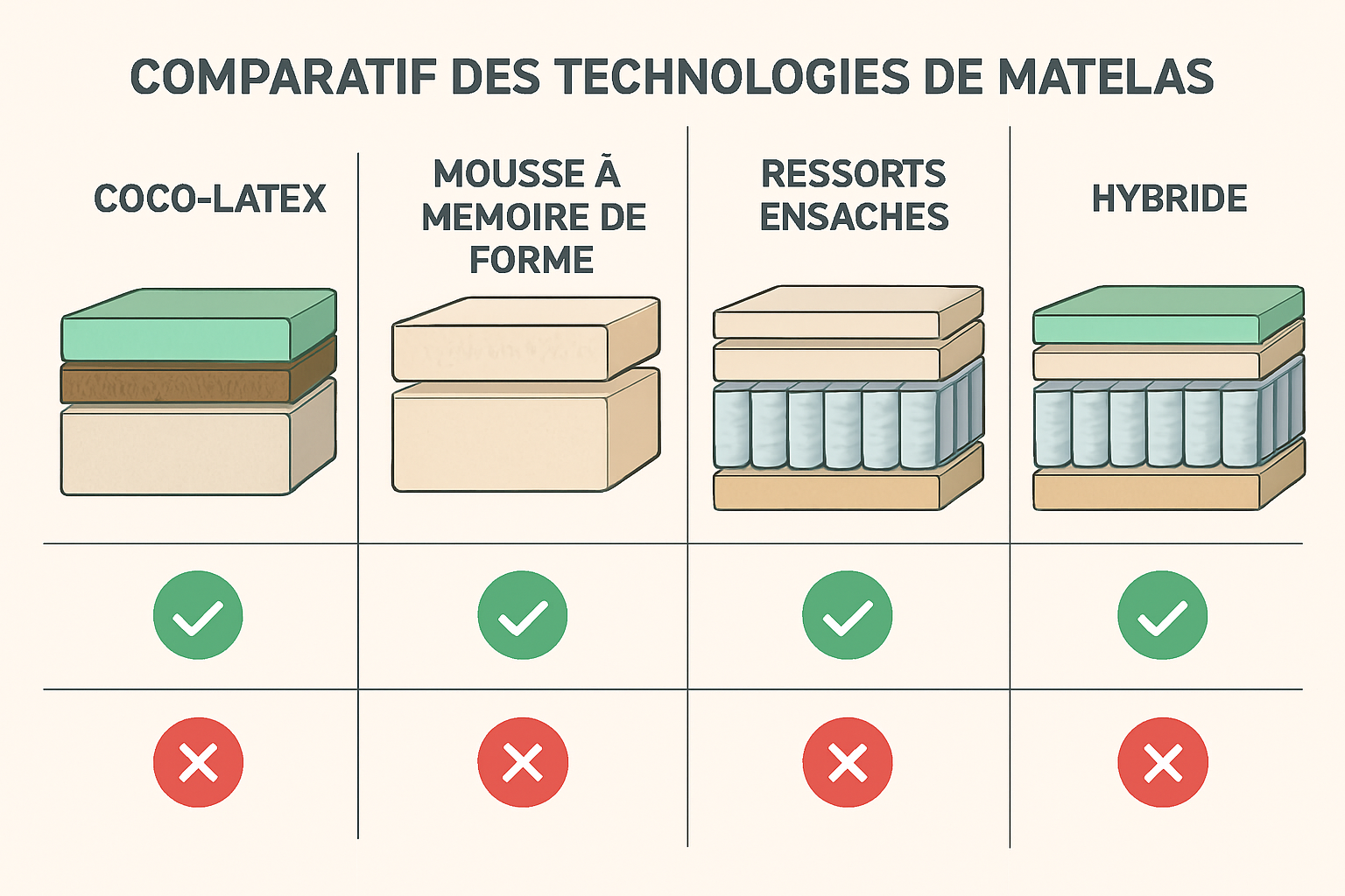 Tableau comparatif montrant différentes technologies de matelas : coco-latex, mousse à mémoire de forme, ressorts ensachés, hybride, vues en coupe, icônes pour et contre, style infographique moderne, illustration technique